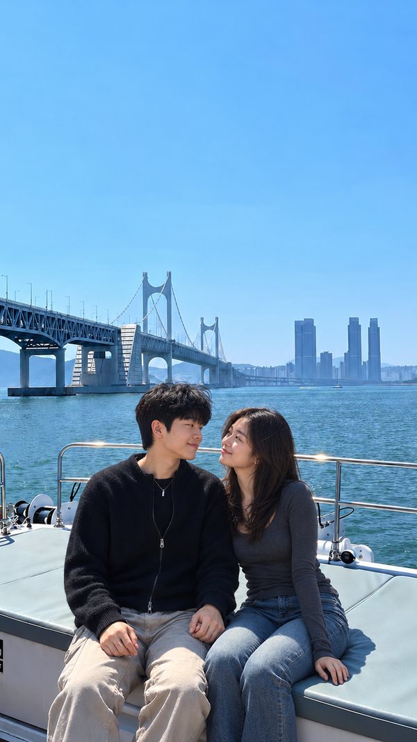 광안대교를 배경으로 갑판에 앉은 커플